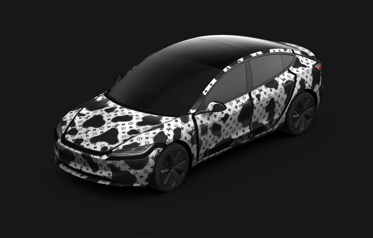 Studio render of a Tesla Model 3 in a cow-spot monogram wrap