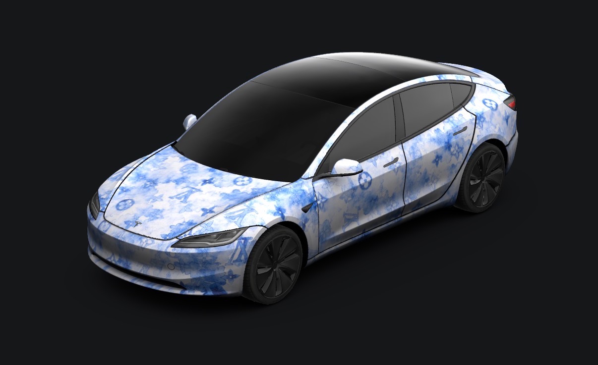 Studio render of a Tesla Model 3 in a blue watercolor monogram wrap