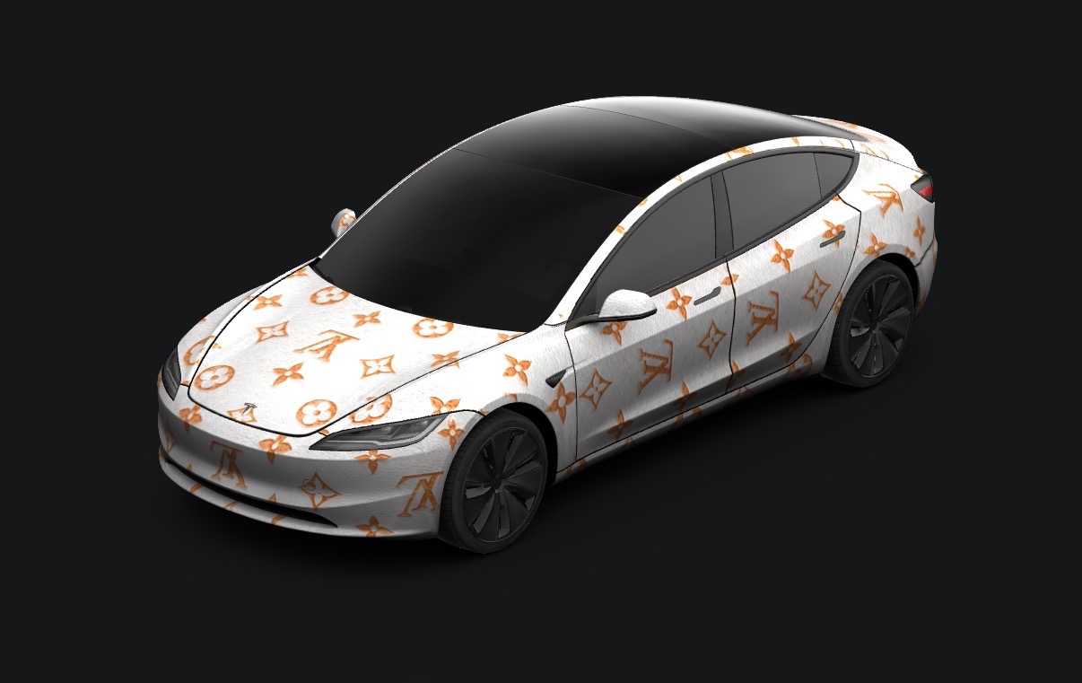 Studio render of a Tesla Model 3 in a white wrap with sherbert orange monogram