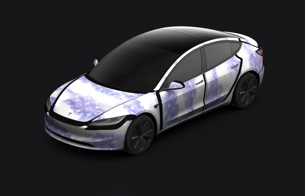 Studio render of a Tesla Model 3 in a lavender watercolor monogram wrap